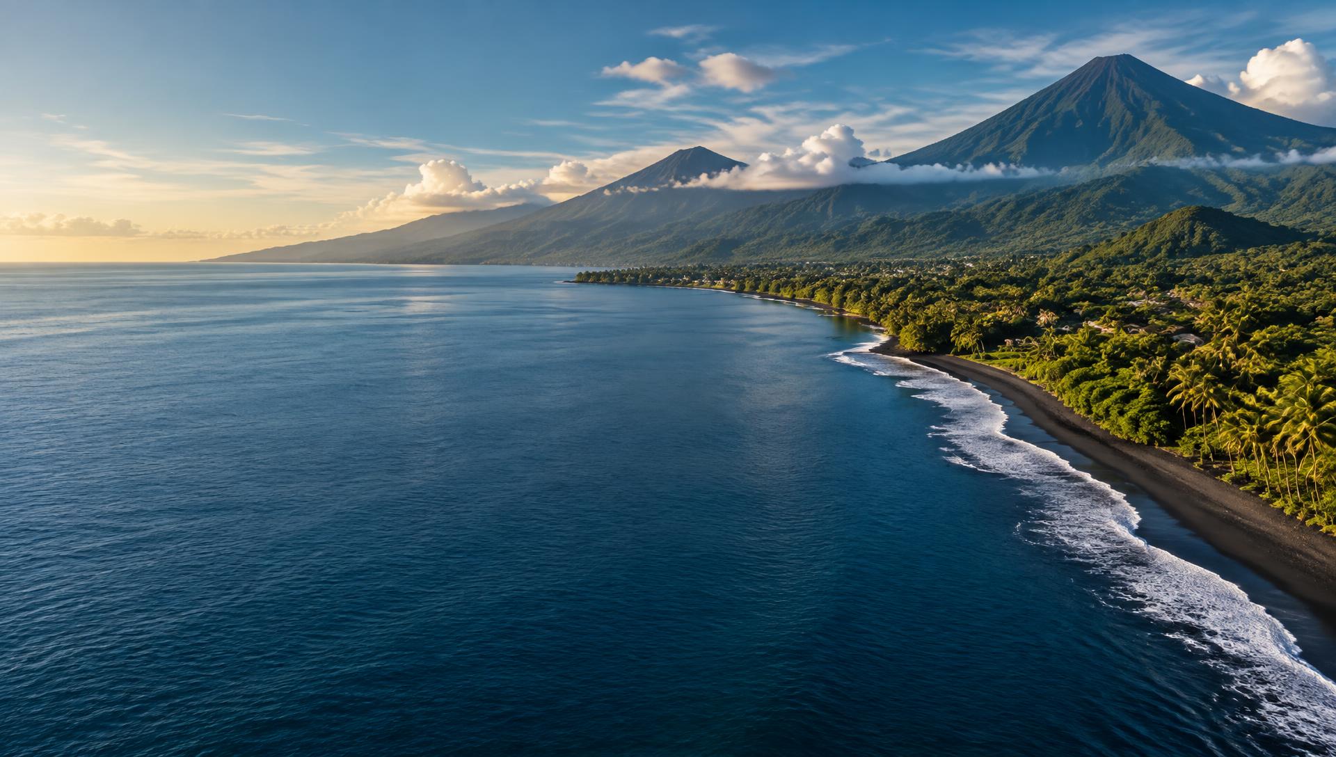 North Bali tropical coastline, ocean and mountains